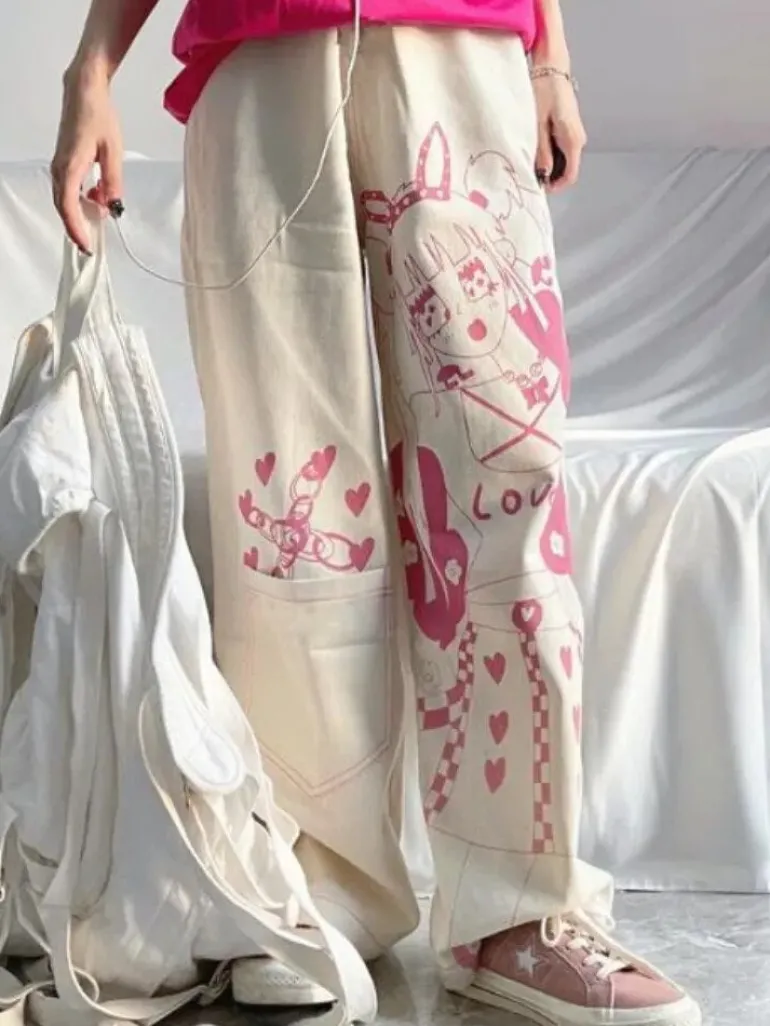 Pink Anime Print Baggy Pants