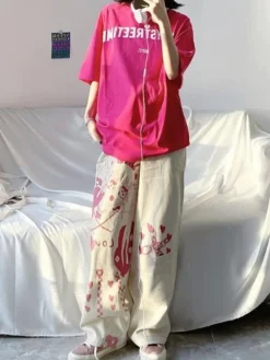 Pink Anime Print Baggy Pants