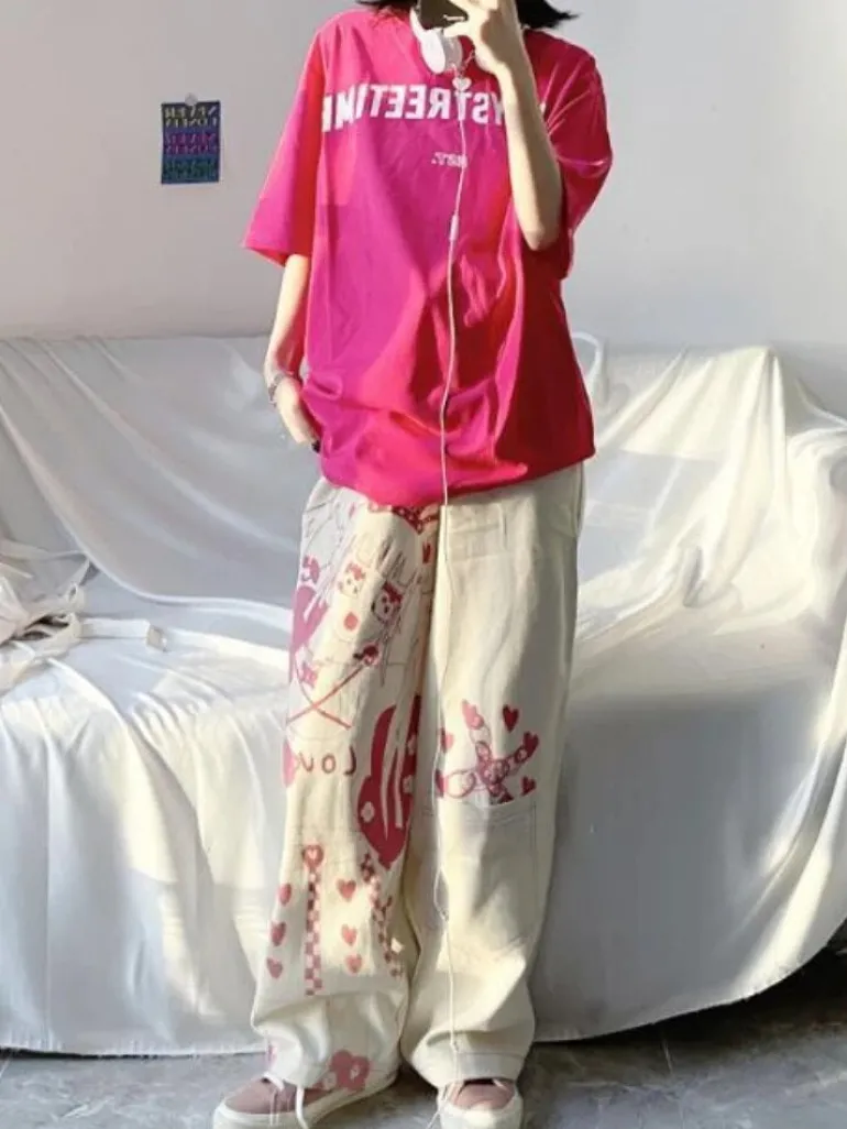 Pink Anime Print Baggy Pants