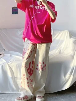Pink Anime Print Baggy Pants