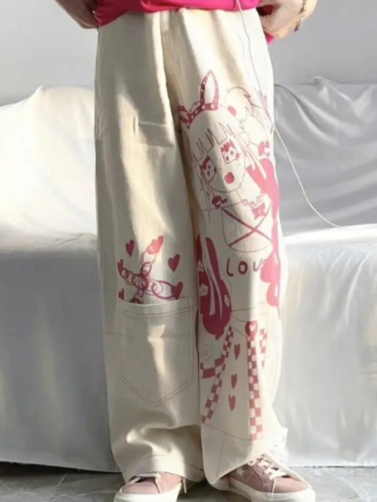 Pink Anime Print Baggy Pants