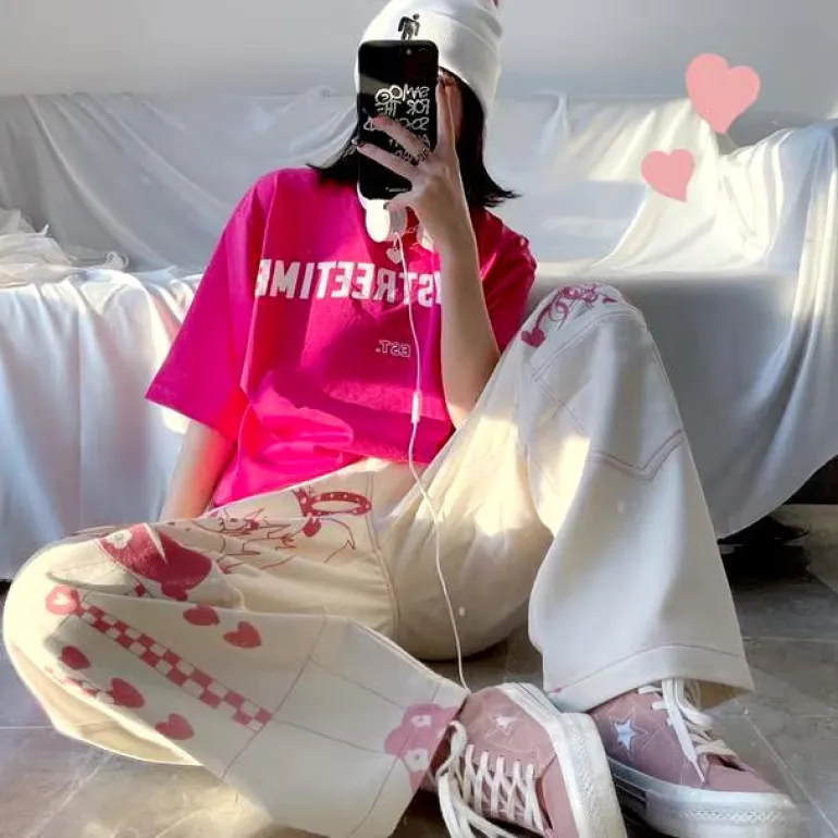 Pink Anime Print Baggy Pants
