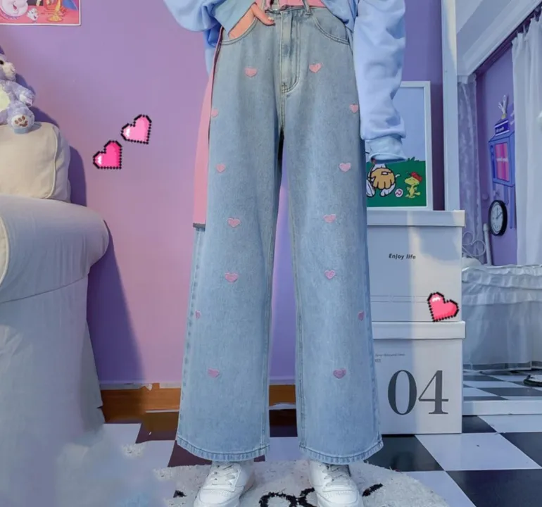 Pink Heart Embroidered Jeans