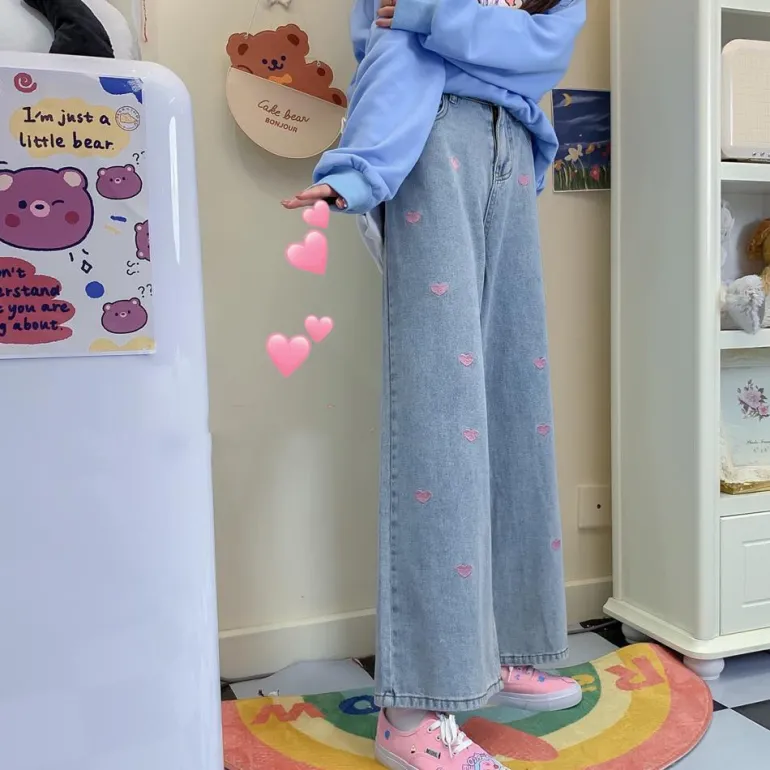 Pink Heart Embroidered Jeans