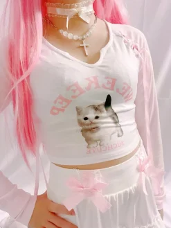 Pink Kitten Long Sleeve Crop Top