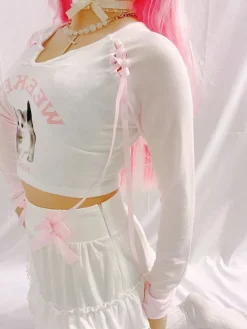 Pink Kitten Long Sleeve Crop Top