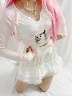 Pink Kitten Long Sleeve Crop Top