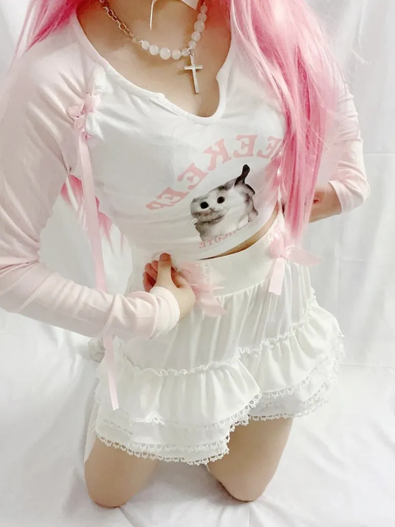 Pink Kitten Long Sleeve Crop Top