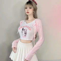 Pink Kitten Long Sleeve Crop Top