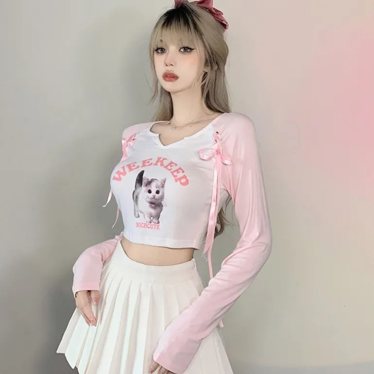Pink Kitten Long Sleeve Crop Top