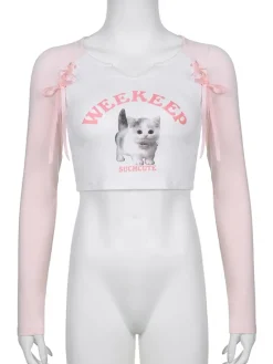 Pink Kitten Long Sleeve Crop Top