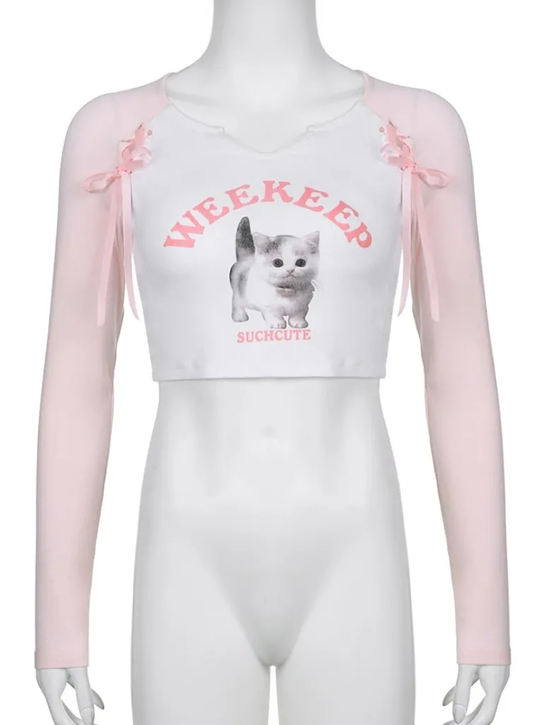 Pink Kitten Long Sleeve Crop Top