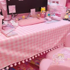 Pink Plaid Pompom Desk Tablecloth