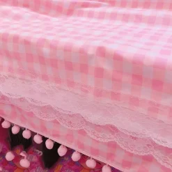 Pink Plaid Pompom Desk Tablecloth