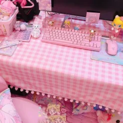 Pink Plaid Pompom Desk Tablecloth