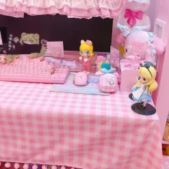 Pink Plaid Pompom Desk Tablecloth