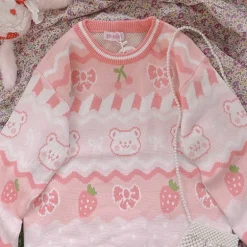 Pink Strawberry Knit Bear Sweater