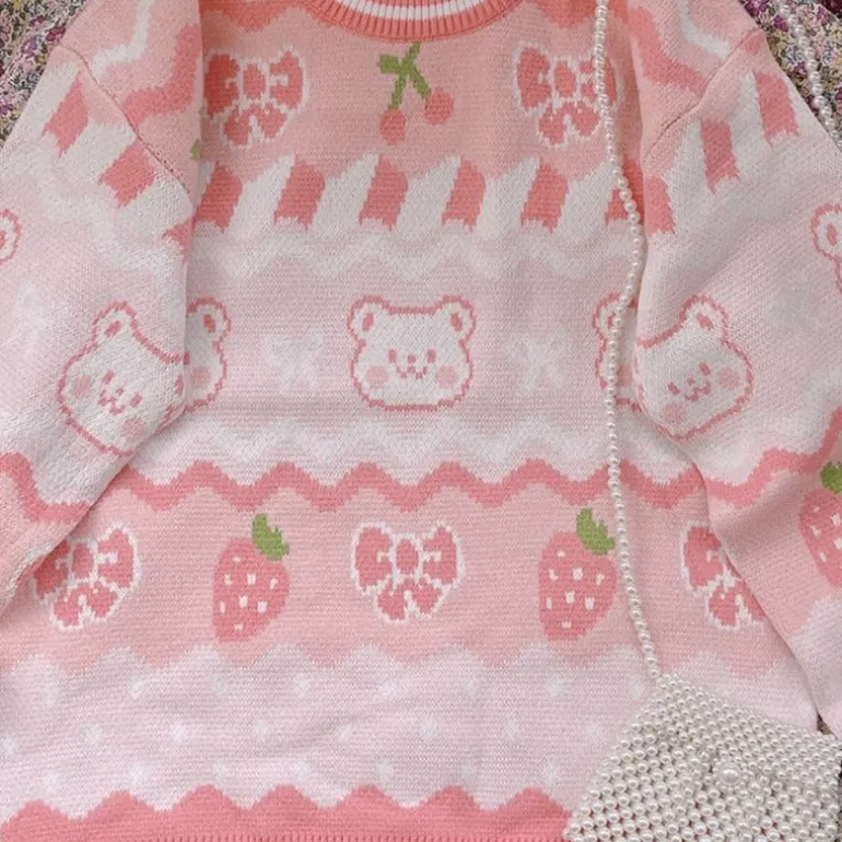 Pink Strawberry Knit Bear Sweater