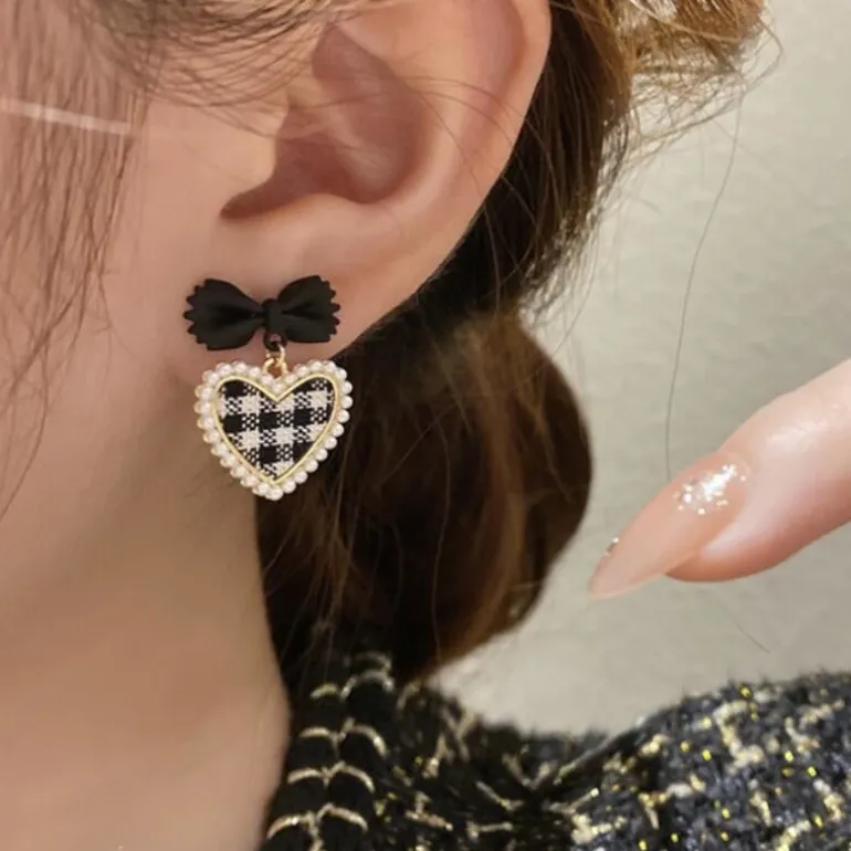 Plaid Heart Drop Earrings