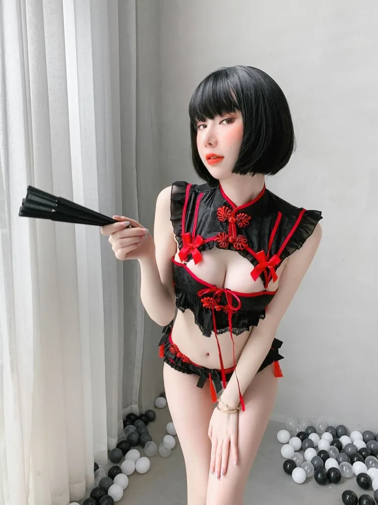 Red Black Cheongsam Lingerie Set