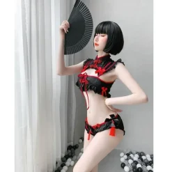 Red Black Cheongsam Lingerie Set