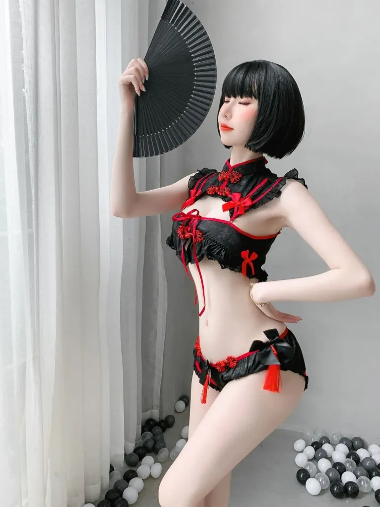 Red Black Cheongsam Lingerie Set