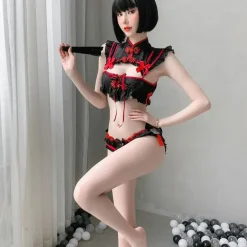 Red Black Cheongsam Lingerie Set