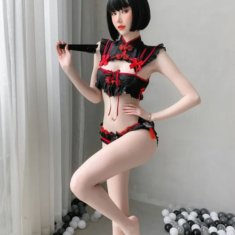 Red Black Cheongsam Lingerie Set