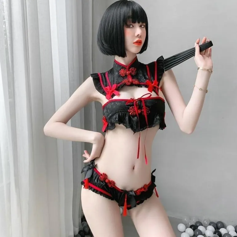 Red Black Cheongsam Lingerie Set