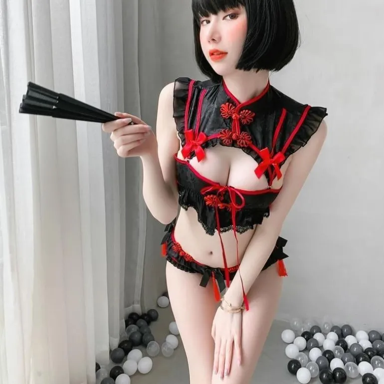 Red Black Cheongsam Lingerie Set