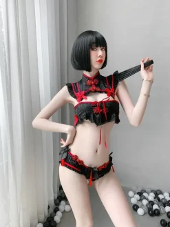 Red Black Cheongsam Lingerie Set