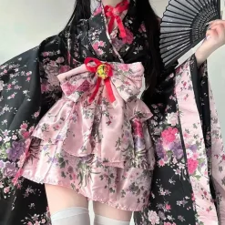 Traditional Japanese Pink & Black Kimono Dress