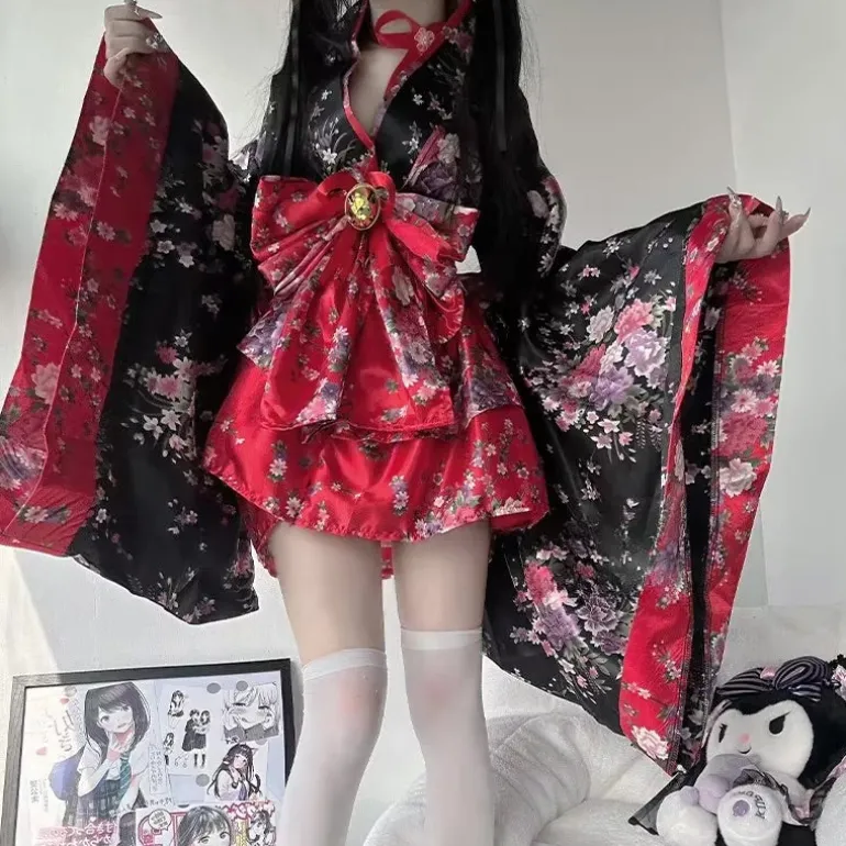 Traditional Japanese Pink & Black Kimono Dress