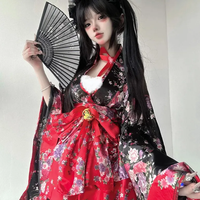 Traditional Japanese Pink & Black Kimono Dress