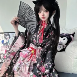 Traditional Japanese Pink & Black Kimono Dress