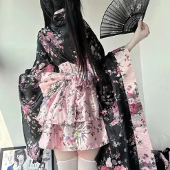 Traditional Japanese Pink & Black Kimono Dress