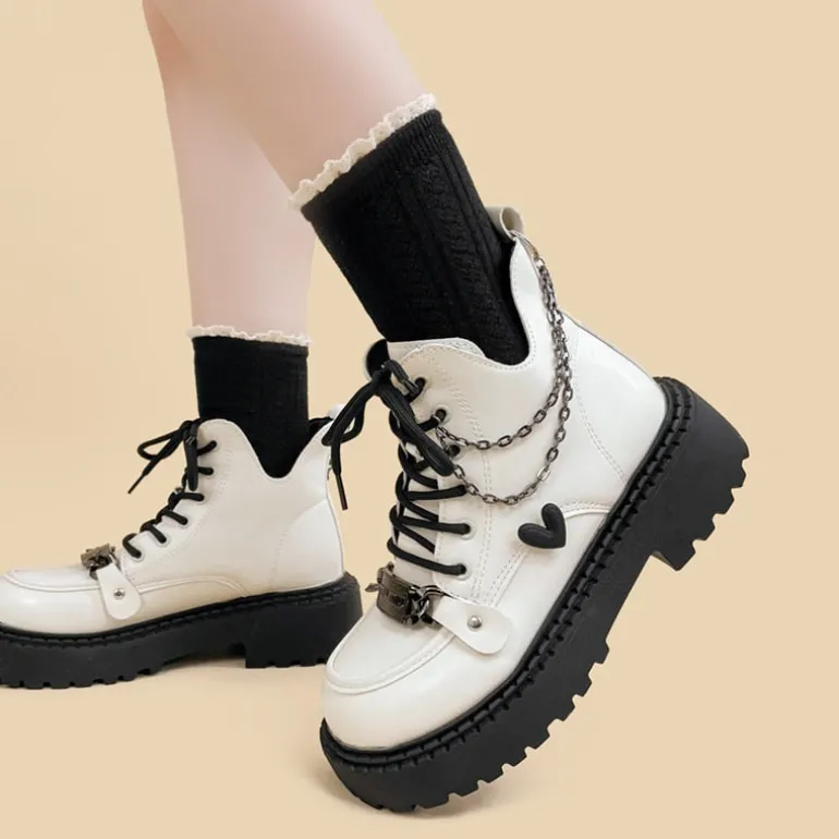 White Chained Ankle Moto Boots