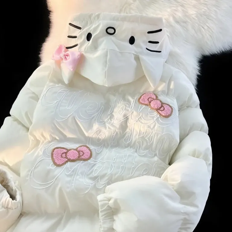 White Kitten Bomber Puffer Jacket